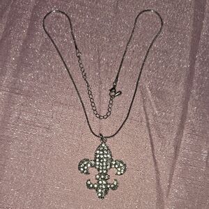 Faux Silver Crystal Fleur-de-Lis Pendant Necklace
